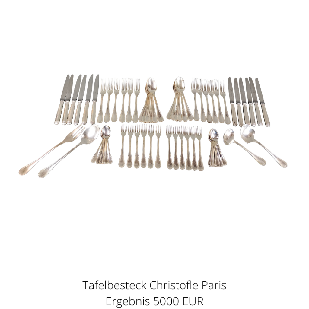 Tafelbesteck, Christofle Paris, Malmaison aus Sterlingsilber für 12 Personen enthält u.a. Speisegabeln, Sepisemesser, Saucenkelle, Servierlöffel im Originalbesteckkasten.
Ein Highlight aus der Rubrik Silber.