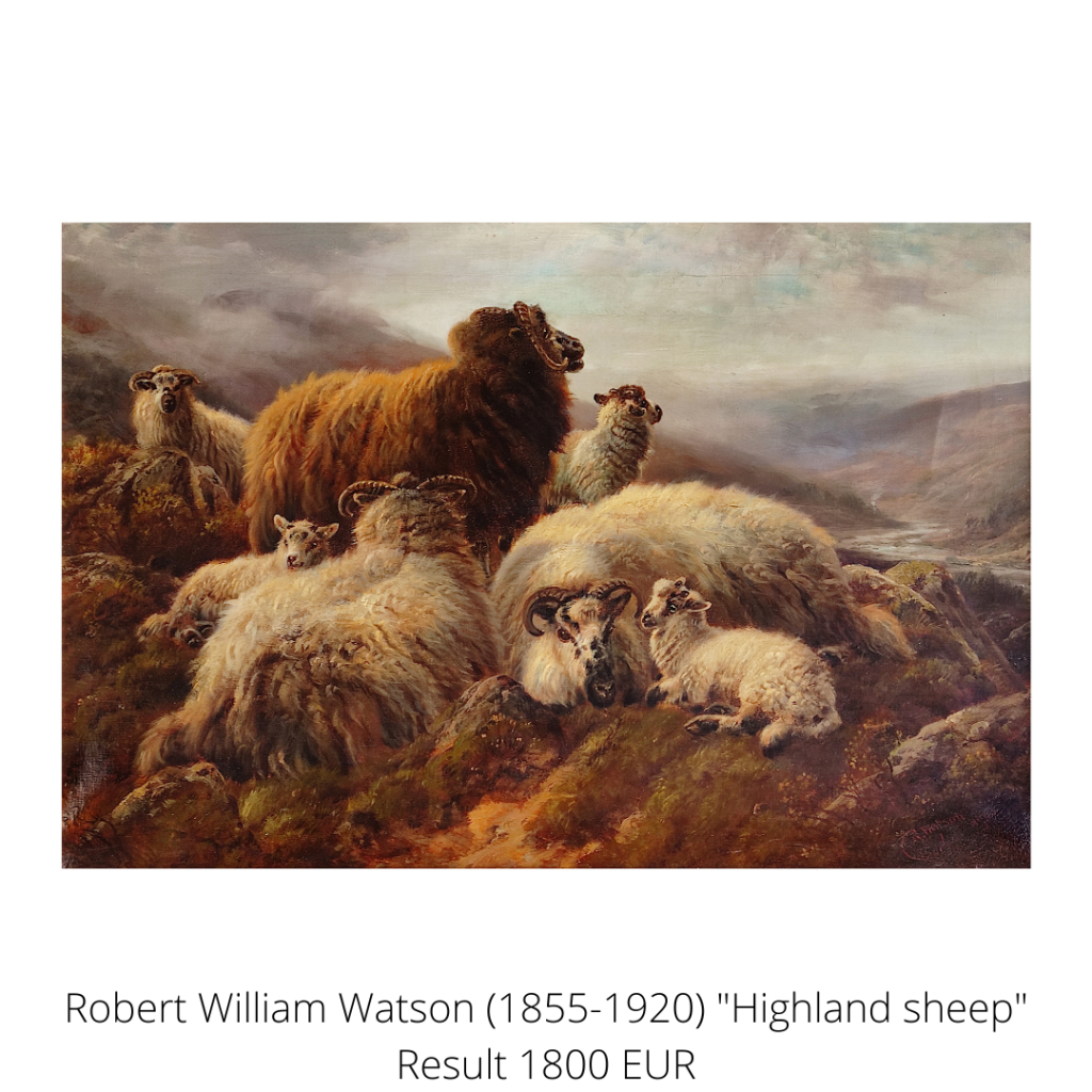 Animal and landscape painter Robert Watson, "Highland sheep" on mountain in Scotland. Oil on canvas, dated 1905.
A highlight from the category paintings.