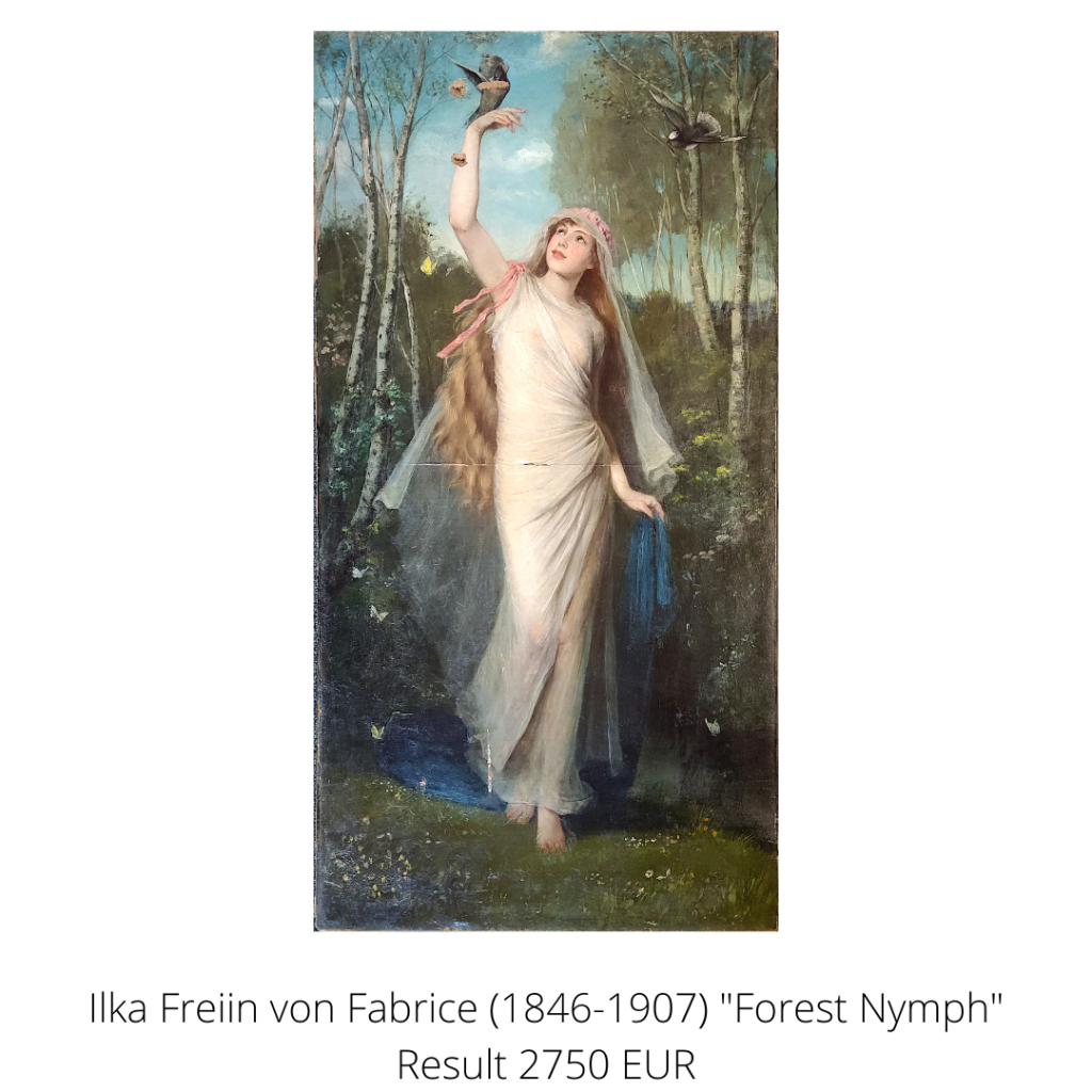 The artist Ilka Freiin von Fabrice signed the "Forest Nymph" created in 1886 under her pseudonym Carl Freibach.
A highlight from the category paintings.