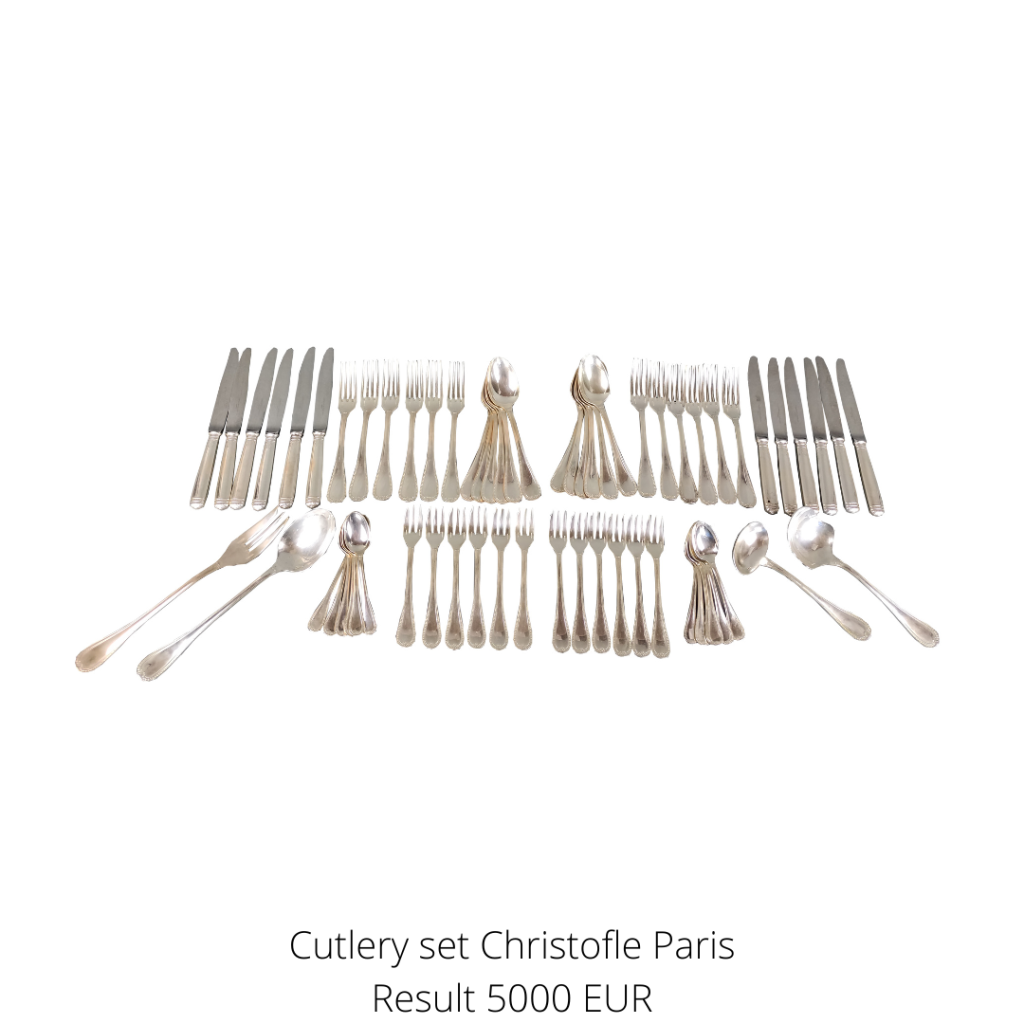 Table cutlery, Christofle Paris, Malmaison in sterling silver for 12 persons contains among others dinner forks, sepis knife, sauce ladle, serving spoon in original cutlery box.
A highlight from the silver section.