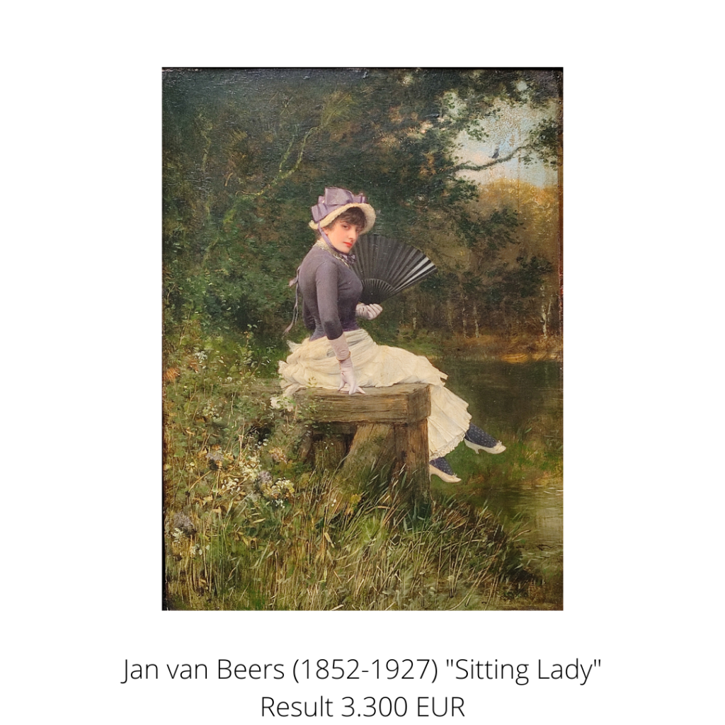 The "Sitting Lady" was painted by the artist Jan van Beers (1852-1927). Richly detailed painting, oil on wood. The painting was one of the highlights of our autumn auction