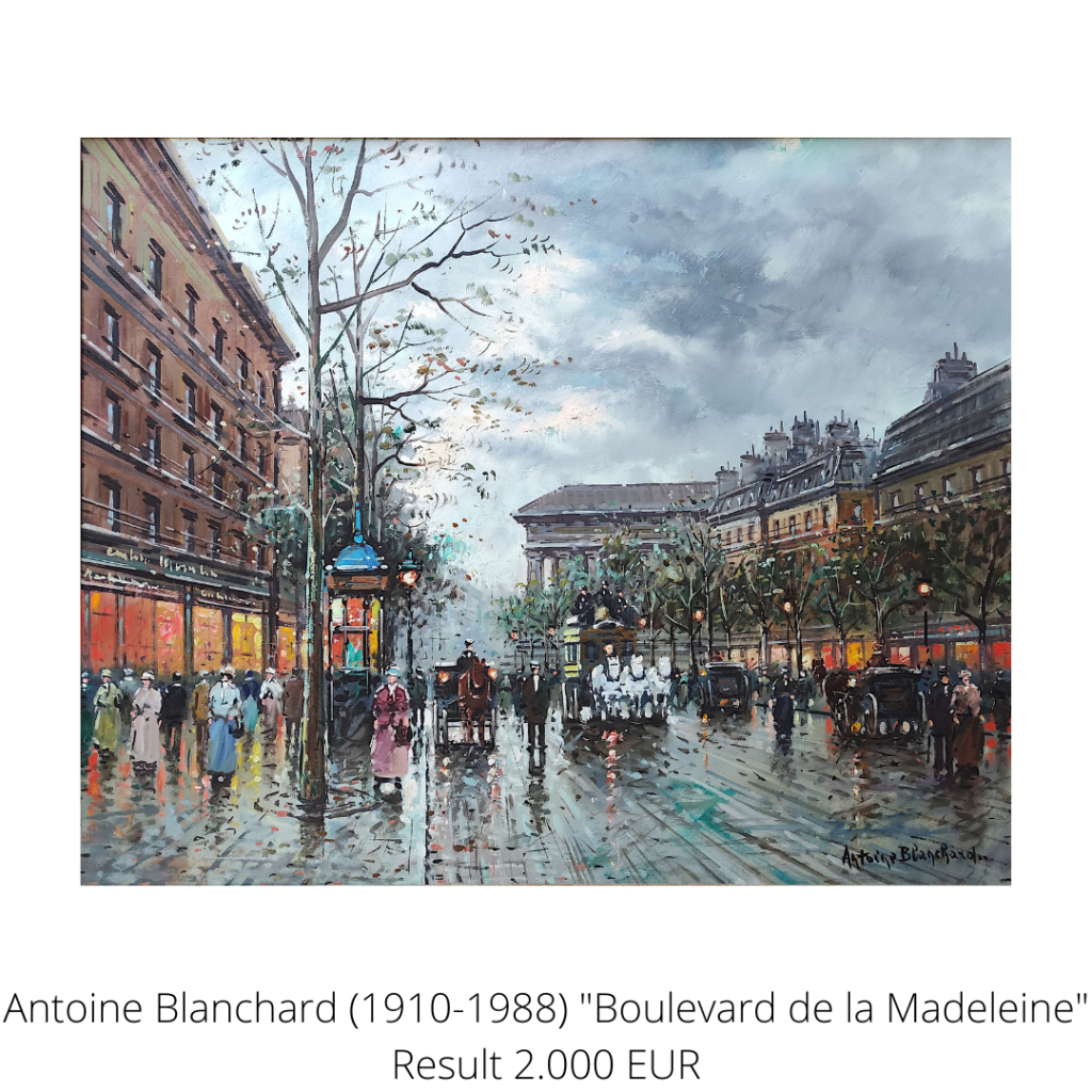 The painting "Boulevard de la Madeleine" was created by the French painter Antoine Blanchard (1910-1988). It shows a street view from fin de siècle Paris. Oil on canvas.
The painting was one of the highlights of our autumn auction.