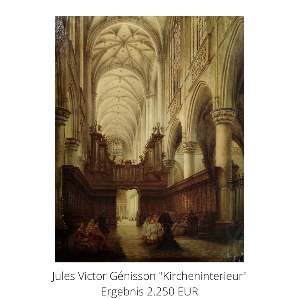 Gemälde eines Kircheninterieurs von Jules Victor Génisson, zeigt die gotische Basilika Sint-Jacobskerk in Antwerpen