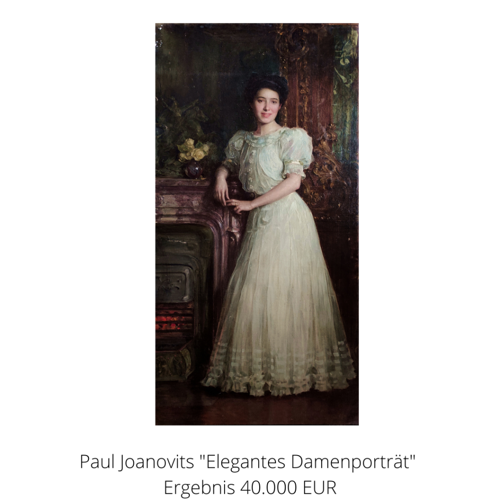 "Elegantes Damenporträt" von Paul Joanovits, zeigt eine stehende Dame in weißem Kleid