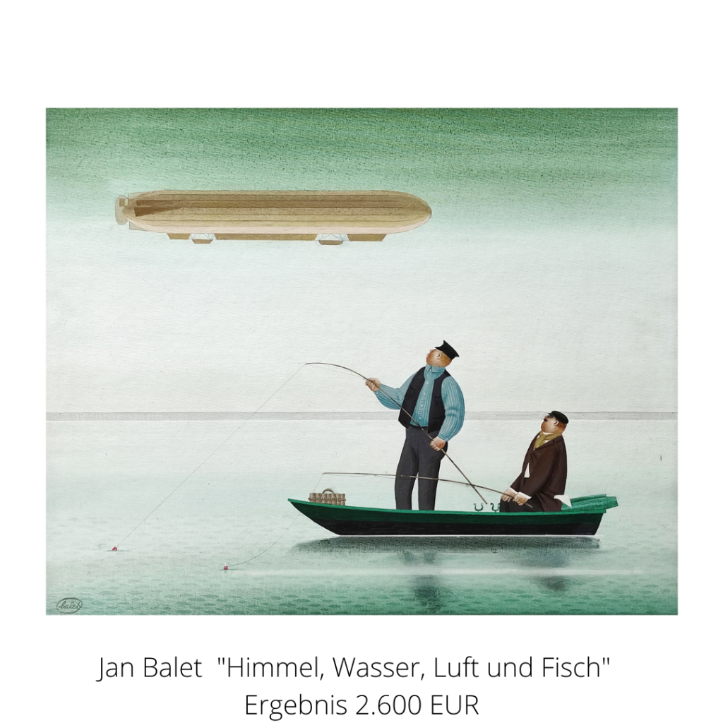 Gemälde mit dem Titel "Himmel, Wasser, Luft und Fisch" von Jan Balet, zeigt zwei Männer in einem Boot beim Angeln auf dem See, über ihnen fliegt ein Zeppelin